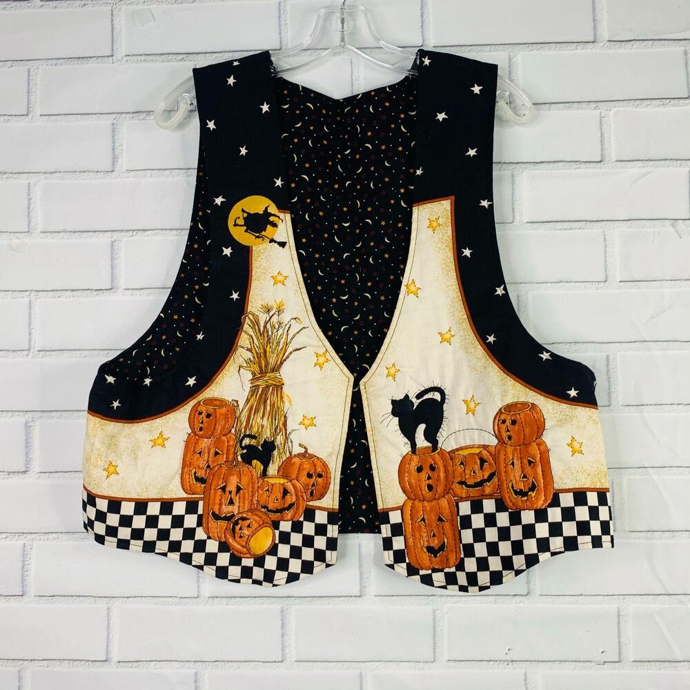 vintage handmade Halloween quilted vest black orange pumpkins witch women's XL